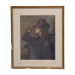 Pastel drawing Woman with hat